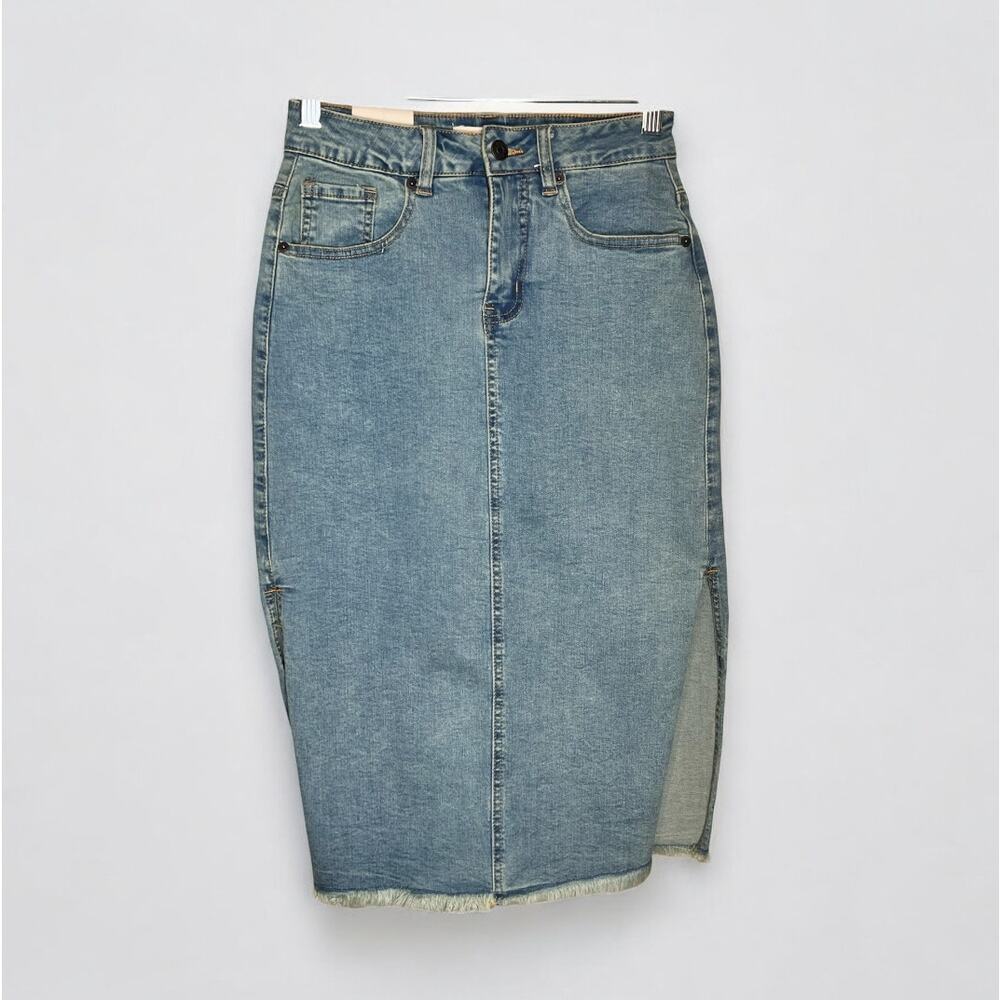 ☀️Get Smoky High Rise Side Slit Super Stretch Denim Midi Skirt Blue Women's  S